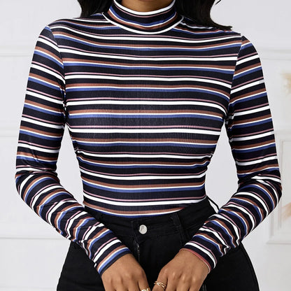 Ladies' Fashionable And Elegant Temperament Versatile Spring Multi-color Splicing Layer Long Sleeved Round Neck T-shirt Top - Gizmo Galaxy