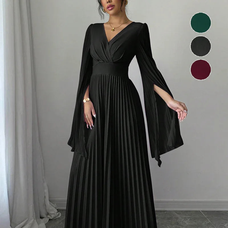 Women's High-waisted Long Deep-V-neck Long-sleeve Flared-sleeve Dress - Gizmo Galaxy