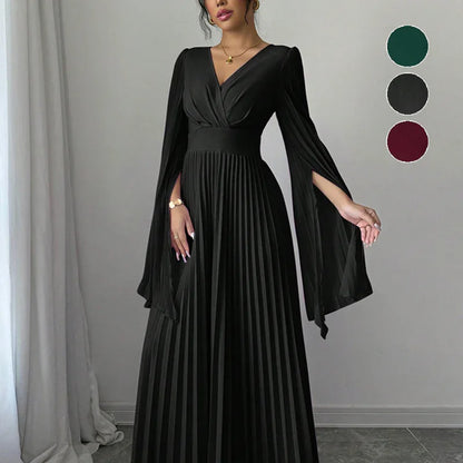 Women's High-waisted Long Deep-V-neck Long-sleeve Flared-sleeve Dress - Gizmo Galaxy