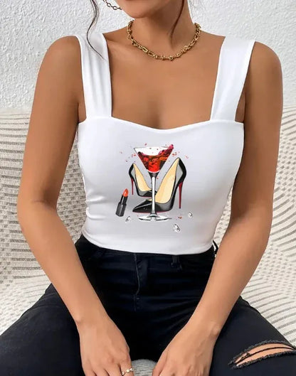 Ladies' Fashionable And Versatile Wide Shoulder Strap High Heels, Red Wine Lipstick Printed Pattern Camisole Vest - Gizmo Galaxy
