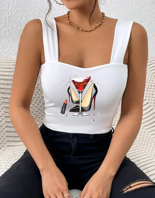 Ladies' Fashionable And Versatile Wide Shoulder Strap High Heels, Red Wine Lipstick Printed Pattern Camisole Vest - Gizmo Galaxy