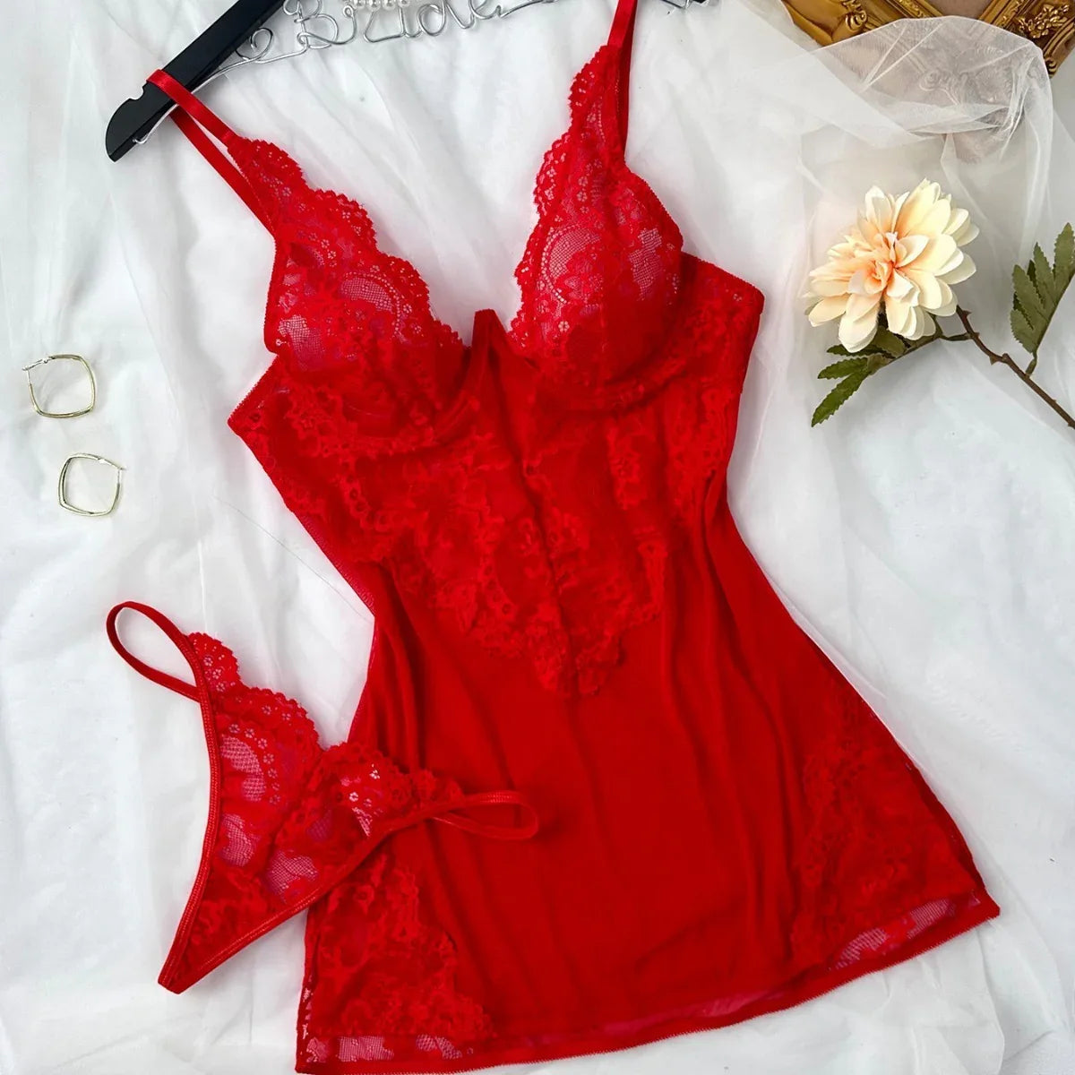 Cutout Sling Tulle See-through Lace Pajamas For Women - Gizmo Galaxy