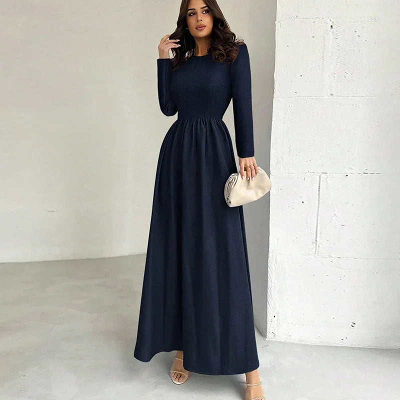 Elegant Long Sleeve Waist Cinching A Line Dress - Gizmo Galaxy