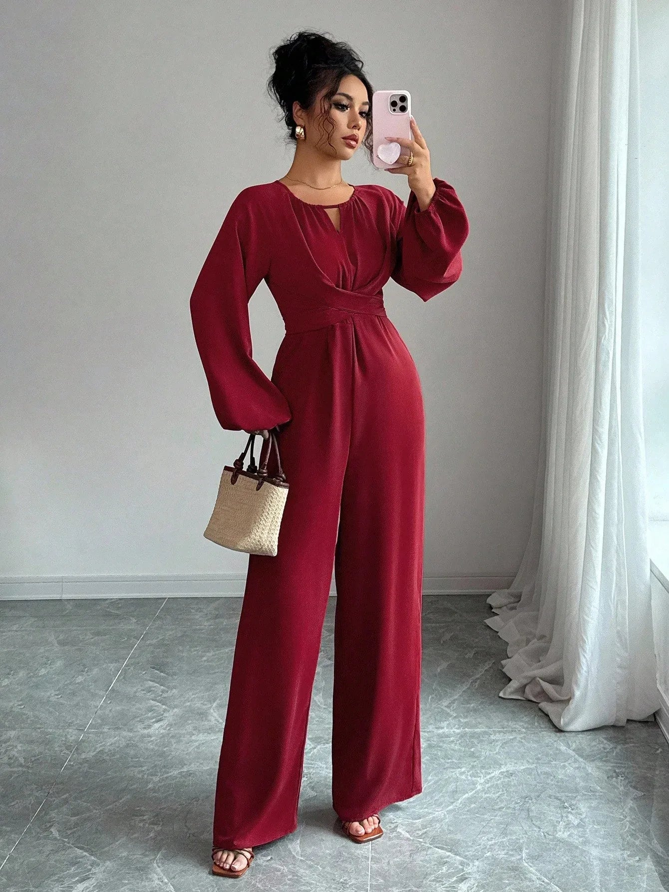 Women's Solid-Colored Jumpsuit With Puffed Sleeves, Square Neck And Wide Legs - Gizmo Galaxy