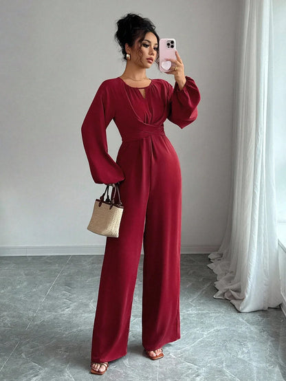Women's Solid-Colored Jumpsuit With Puffed Sleeves, Square Neck And Wide Legs - Gizmo Galaxy