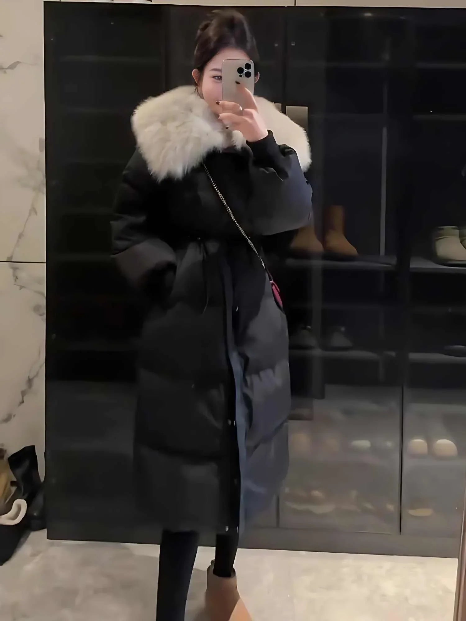 Fur Collar Overknee Long Jacket Women's Waist White Duck Down Coat - Gizmo Galaxy