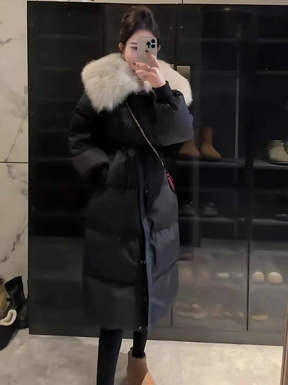 Fur Collar Overknee Long Jacket Women's Waist White Duck Down Coat - Gizmo Galaxy