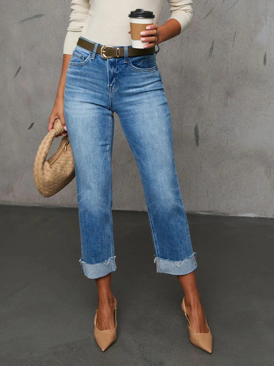 Cuffed Capri Pants, Fashionable Stretchy Whiskered Denim Jeans - Gizmo Galaxy