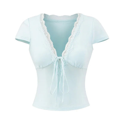 European And American Style Slim Chest Pad Lace V-neck Short Sleeve - Gizmo Galaxy