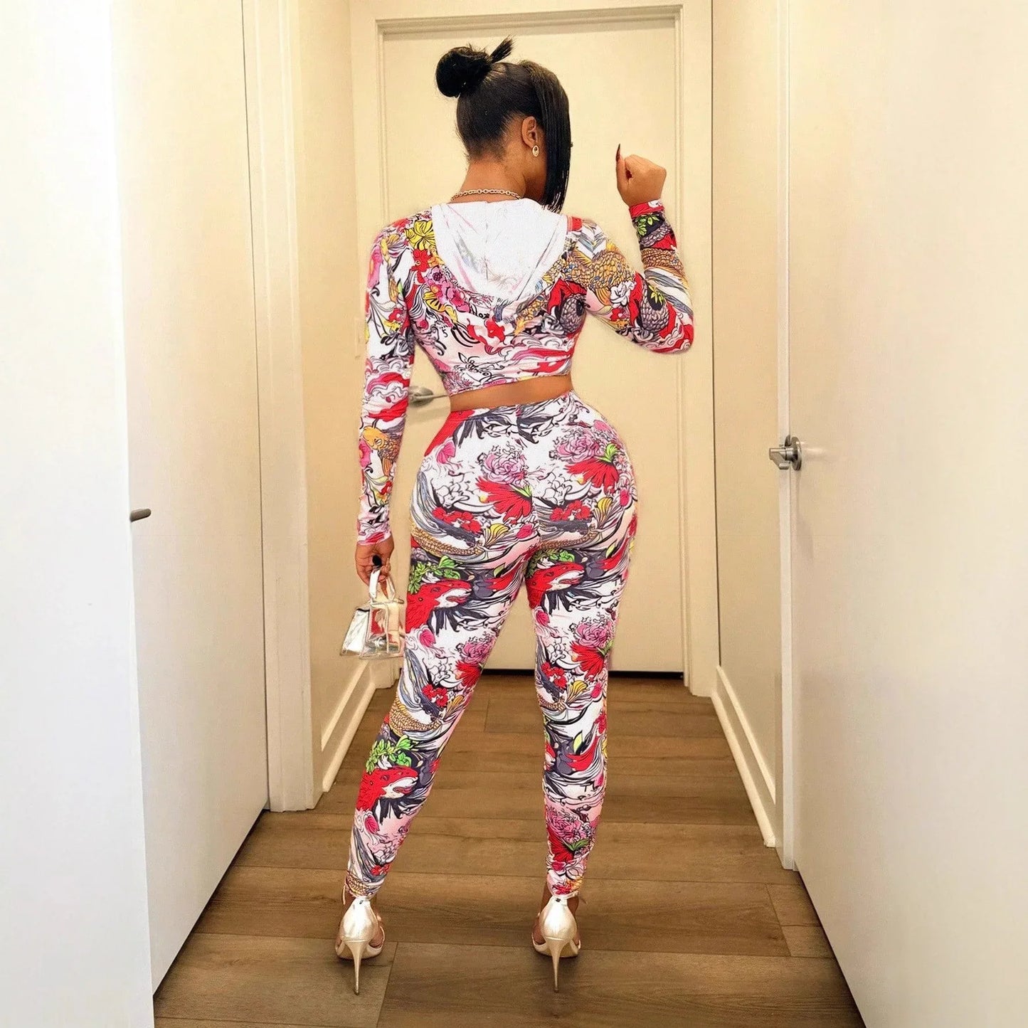Women's Fashion Hooded Printed Top And Waist-length Sexy Pants Set - Gizmo Galaxy