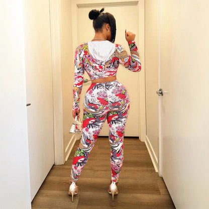Women's Fashion Hooded Printed Top And Waist-length Sexy Pants Set - Gizmo Galaxy