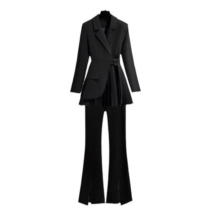 Lapel Design Pleated Skirt Black Suit Jacket For Women - Gizmo Galaxy