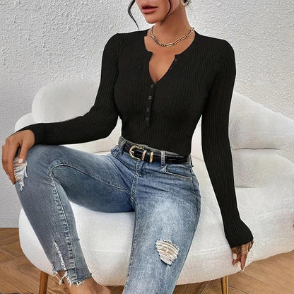 Women's Elegant V-Neck Button Detail Knit Sweater - Long Sleeve Solid Color Casual Pullover For Fall&SpringTop - Gizmo Galaxy