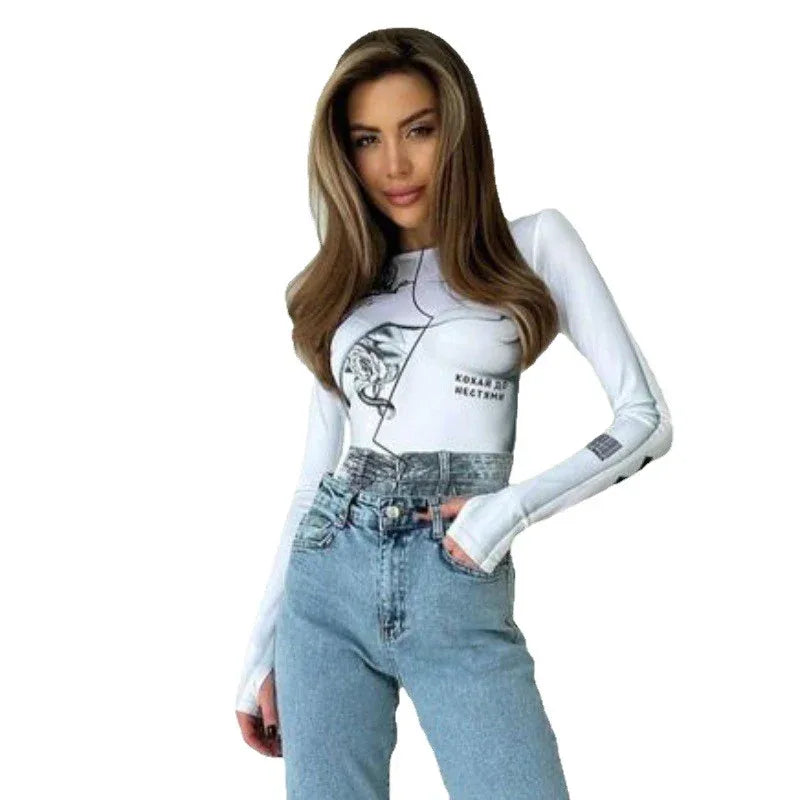 Round Neck Long Sleeve Fashion Print Slim Versatile Sexy Bodysuit - Gizmo Galaxy