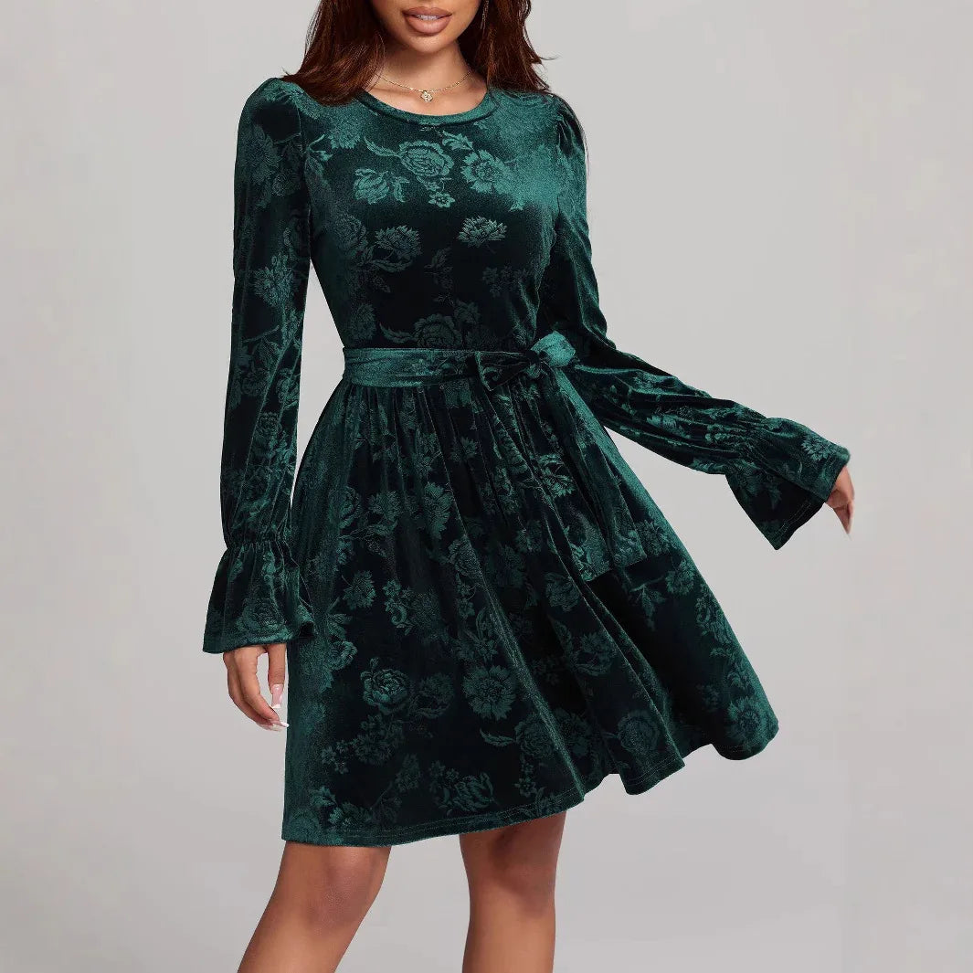 Women's Casual Long-sleeve Printed Velvet Dress - Gizmo Galaxy