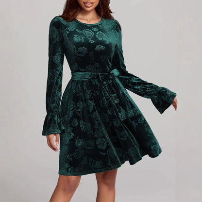 Women's Casual Long-sleeve Printed Velvet Dress - Gizmo Galaxy