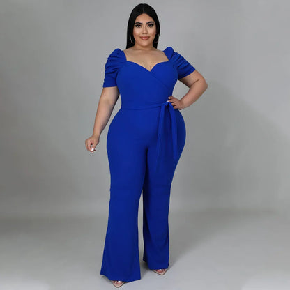 Women's Plus-Size Stand Collar Ruffle Sleeve High-Waist Jumpsuit Wide-Leg Pants - Gizmo Galaxy