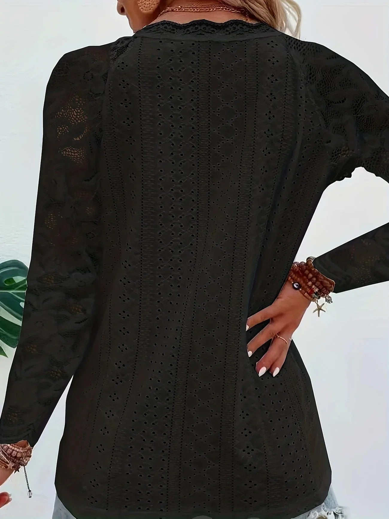 Contrast Lace V-neck Eyelet T-Shirt - Gizmo Galaxy
