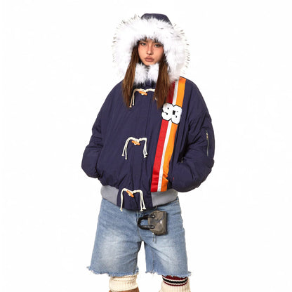 Horn Button Ribbon Short Fur Collar Cotton Coat - Gizmo Galaxy