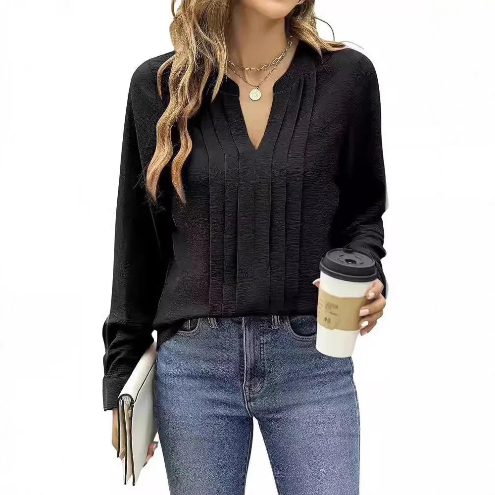 Temperament Commute Long Sleeve Solid Color Sweet Top Women's V-neck Design - Gizmo Galaxy