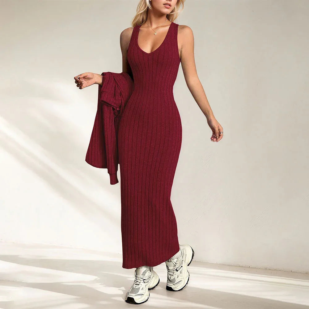 Elegant Commuter-style Light Mature Knitted Slip Dress Two-piece Set - Gizmo Galaxy