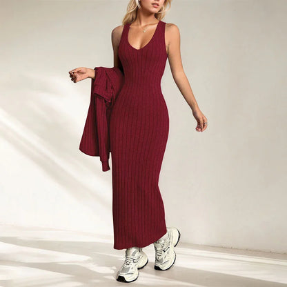 Elegant Commuter-style Light Mature Knitted Slip Dress Two-piece Set - Gizmo Galaxy