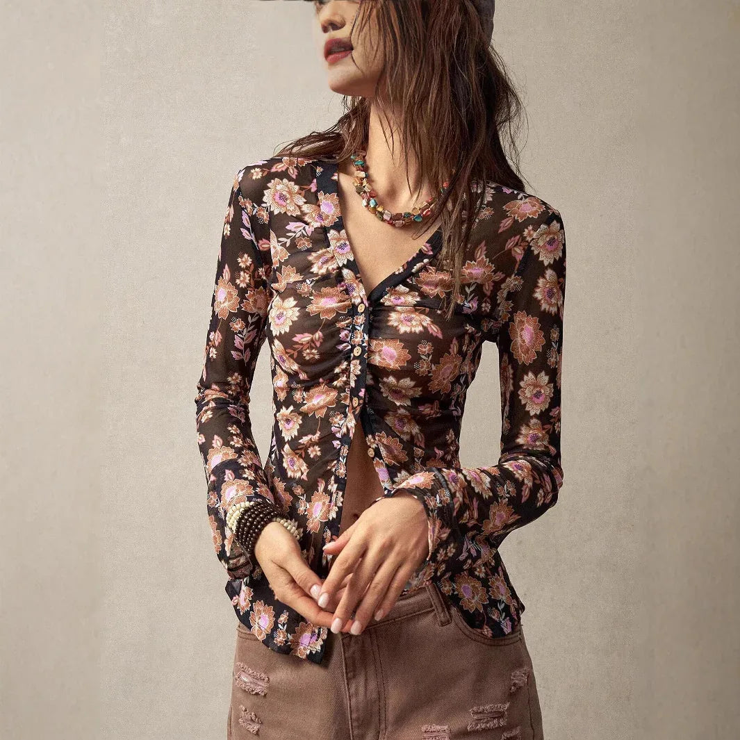 European And American Printed Shirt Women's Slim Fit Slimming Retro Temperament - Gizmo Galaxy
