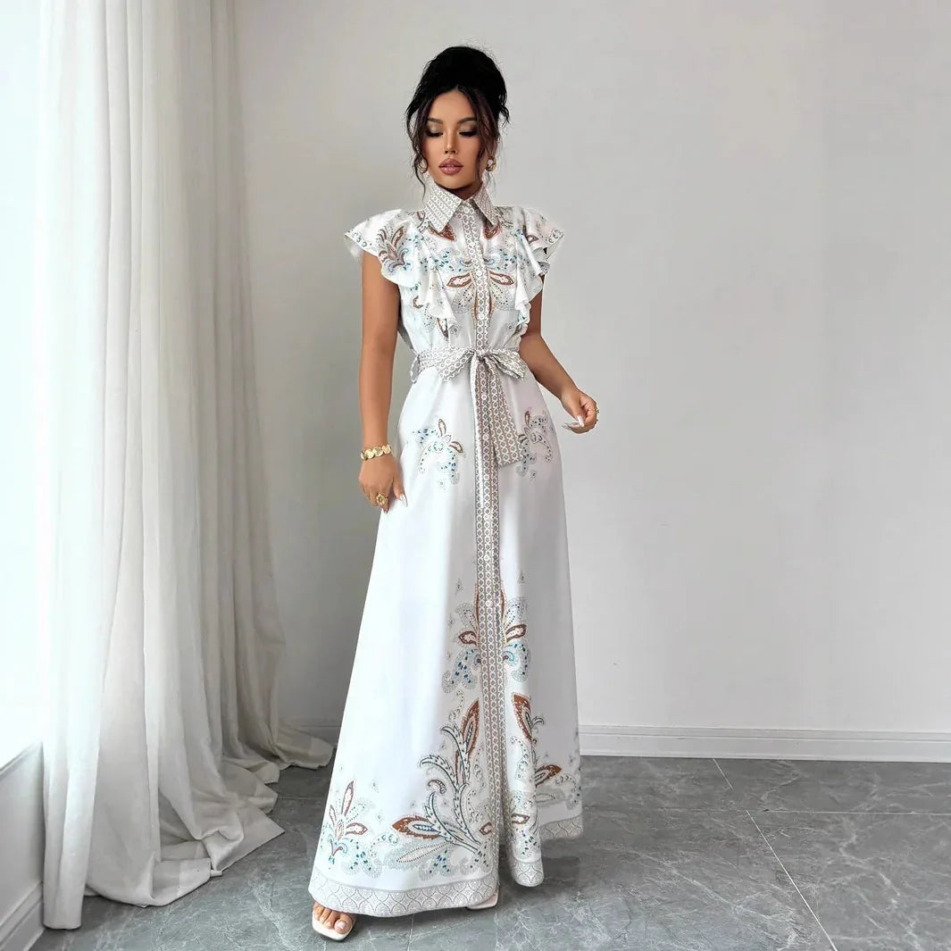 Women's Retro Printed Long-Sleeve Waist-Cinching Single-Breasted Stand-Neckline Dress - Gizmo Galaxy