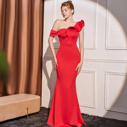 High-end Slant Shoulder Slimming Long Dress - Gizmo Galaxy