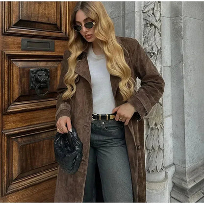 Double Breasted Lapel Shift Coat With Belt Fashion Vintage Suede Long Coat Winter Outwear Women's Clothing - Gizmo Galaxy