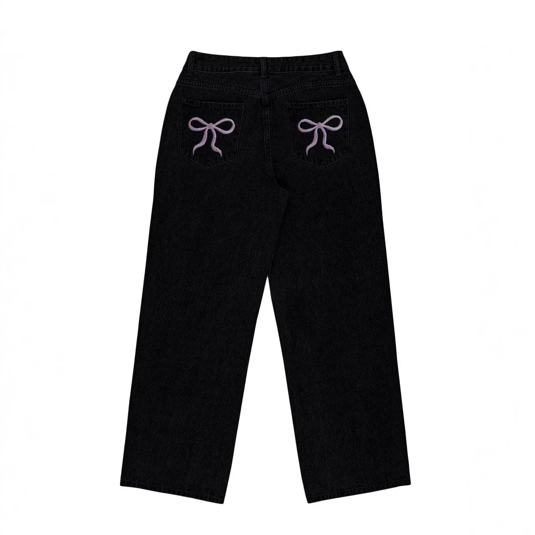Bow-knot Embroidered Trendy Loose-fit Casual Jeans - Gizmo Galaxy