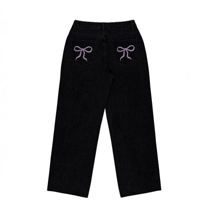 Bow-knot Embroidered Trendy Loose-fit Casual Jeans - Gizmo Galaxy
