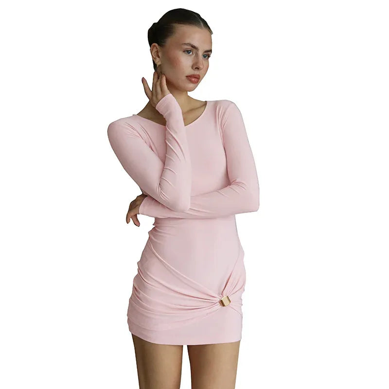 New Solid-color Slim-fit Crew-neck Waist-cinching Bandeau Mini Dress - Gizmo Galaxy