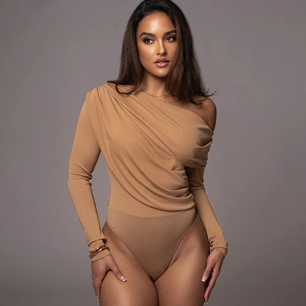 Off-the-shoulder Diagonal Neckline Fitted Long-sleeve Ruffled Bodysuit - Gizmo Galaxy