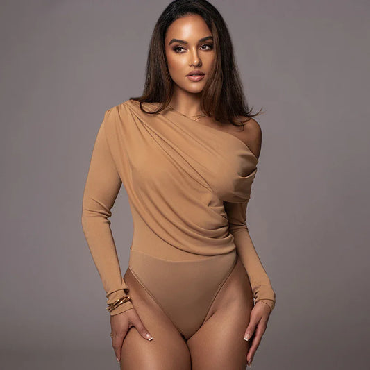 Off-the-shoulder Diagonal Neckline Fitted Long-sleeve Ruffled Bodysuit - Gizmo Galaxy