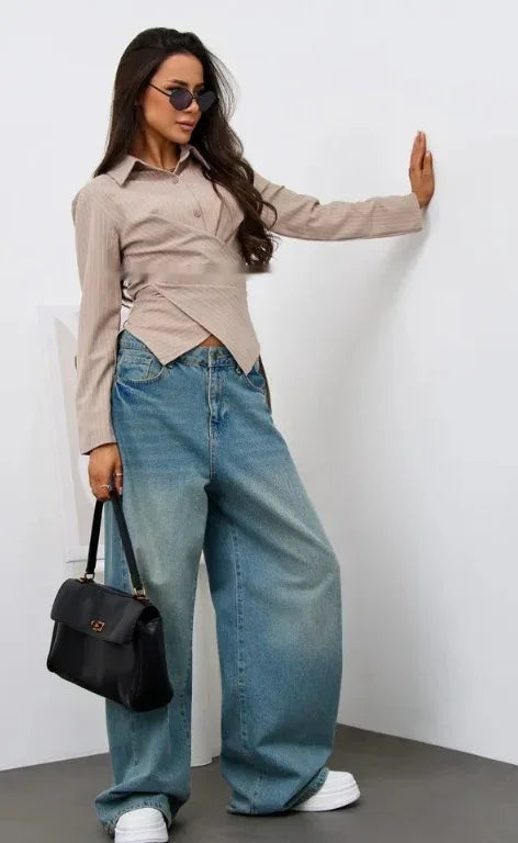 Women's Designer-style Shirt With A Turn-down Collar Slanted Front Placket And A Fitted Waist - Gizmo Galaxy