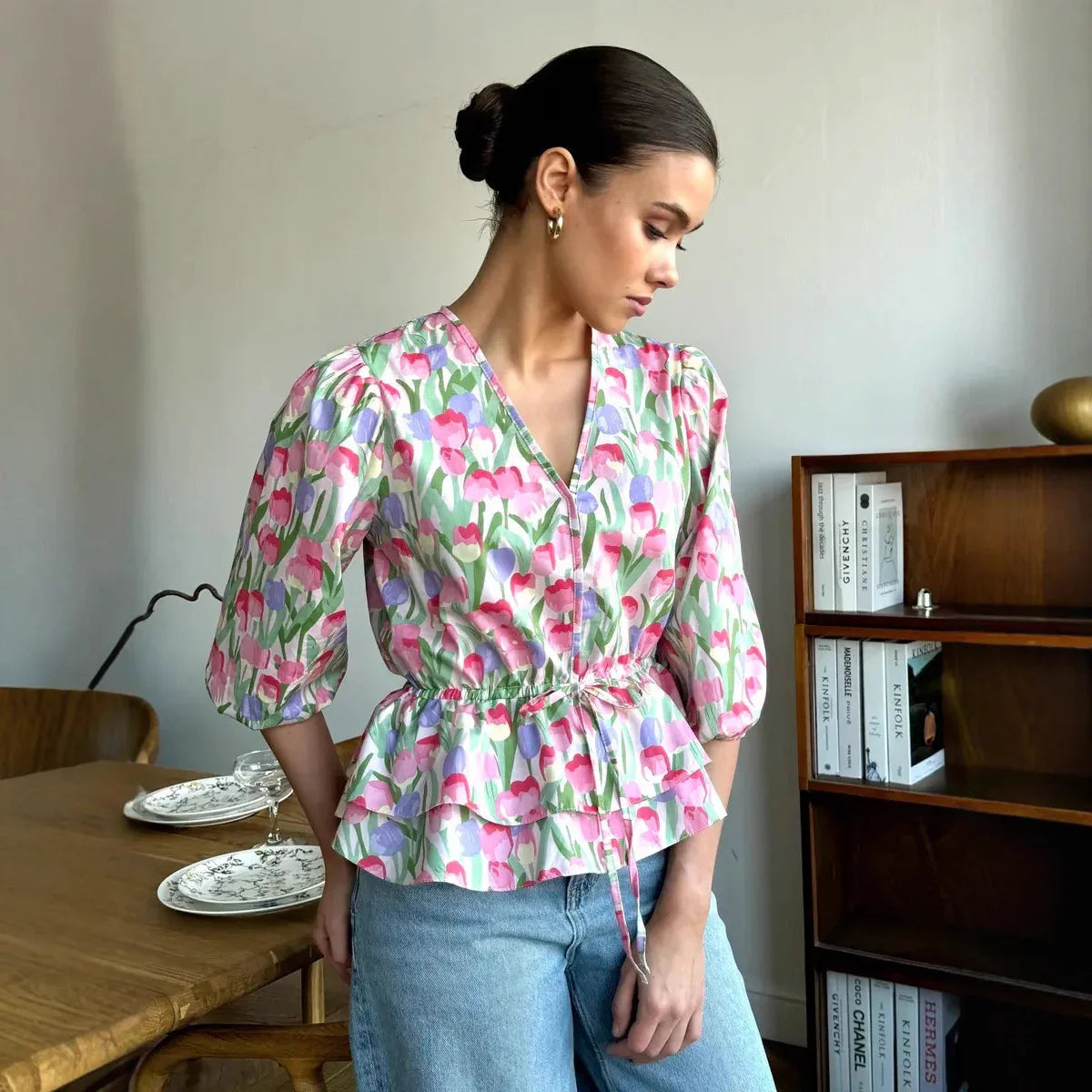 Drawstring Laced Puffed Sleeve V Neck Women's Blouse - Gizmo Galaxy