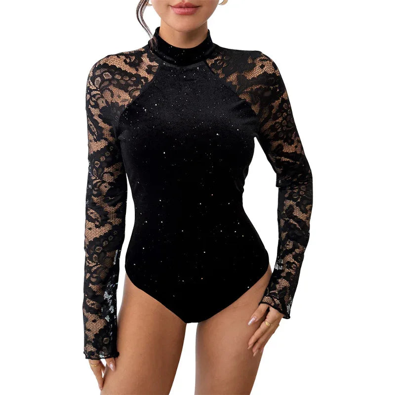 Retro-style Sexy And Elegant Half-high-neck Lace Bodysuit - Gizmo Galaxy