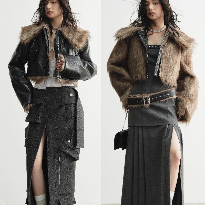 Wild Loose Feeling Fur Reverse Leather Jacket Short Coat - Gizmo Galaxy