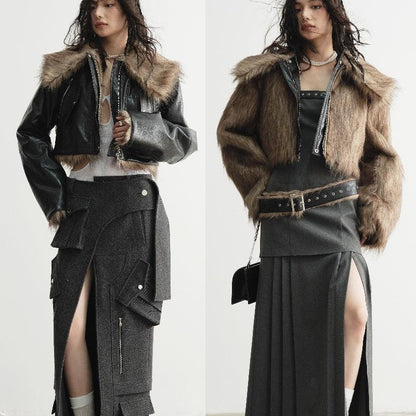 Wild Loose Feeling Fur Reverse Leather Jacket Short Coat - Gizmo Galaxy