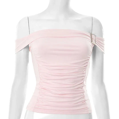 Solid Color Off-neck Pleated Slim Vest T-shirt - Gizmo Galaxy