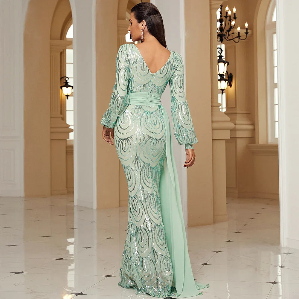 Long Sleeve Sexy Long Sequined V-neck Banquet Ribbon Evening Dress - Gizmo Galaxy
