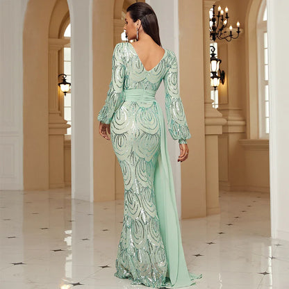 Long Sleeve Sexy Long Sequined V-neck Banquet Ribbon Evening Dress - Gizmo Galaxy
