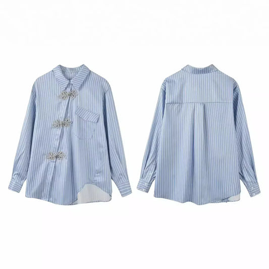 New Chinese Style High-grade Irregular Blue Shirt For Women - Gizmo Galaxy