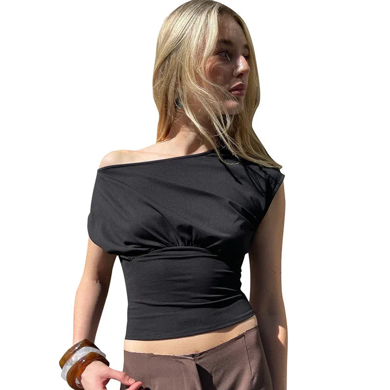 Women's Shoulder Diagonal Collar Waist-controlled Top - Gizmo Galaxy