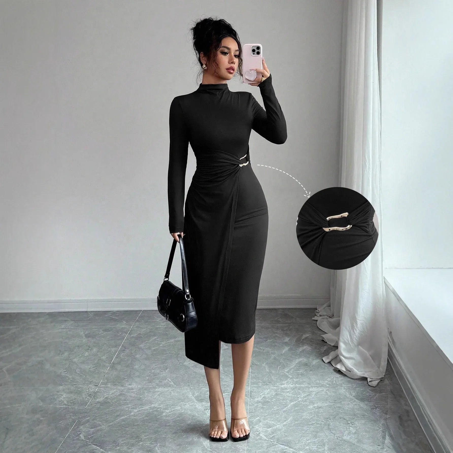 Small Stand-up Collar Knit Solid-color Dress With Metal Buttons - Gizmo Galaxy