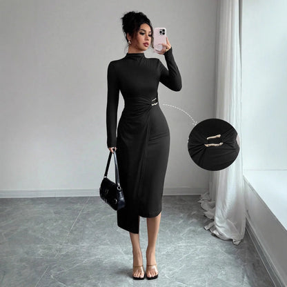 Small Stand-up Collar Knit Solid-color Dress With Metal Buttons - Gizmo Galaxy