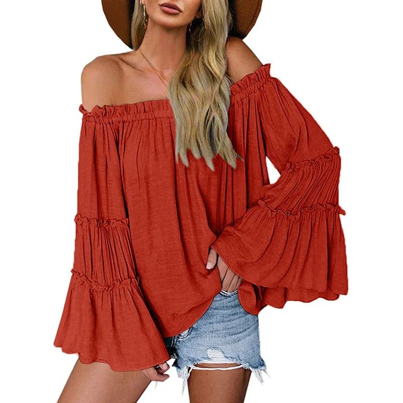 Women's Off Shoulder Blouse Long Flared Bell Sleeve Casual Loose Fit Top - Gizmo Galaxy