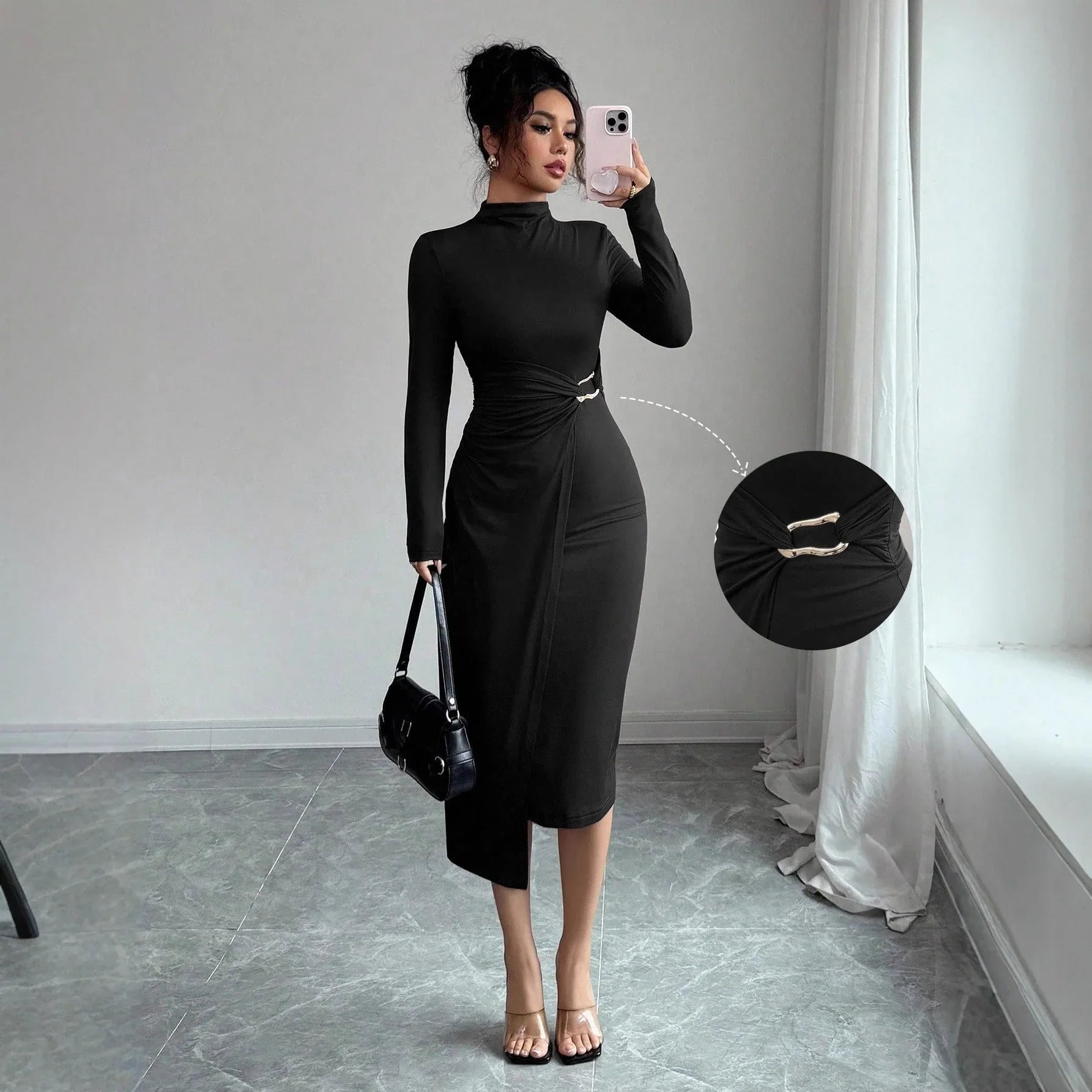 Small Stand-up Collar Knit Solid-color Dress With Metal Buttons - Gizmo Galaxy
