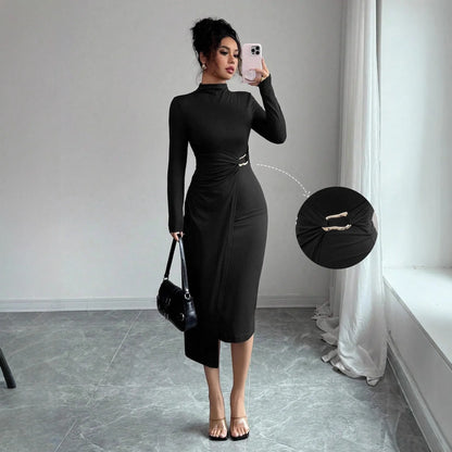 Small Stand-up Collar Knit Solid-color Dress With Metal Buttons - Gizmo Galaxy